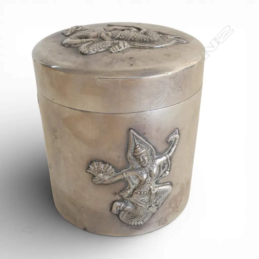 925 THAI SILVER LIDDED CANNISTER with dancing figures 210gms Image 1++