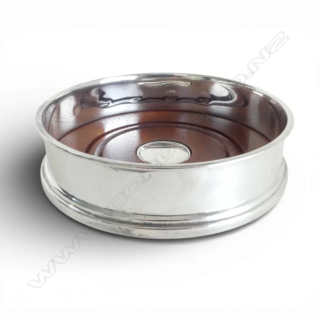 SILVER WINE COASTER, 92gm w wooden base, Sheffield 2003 INSIDE DIA. 94mm SMALL Image 1++