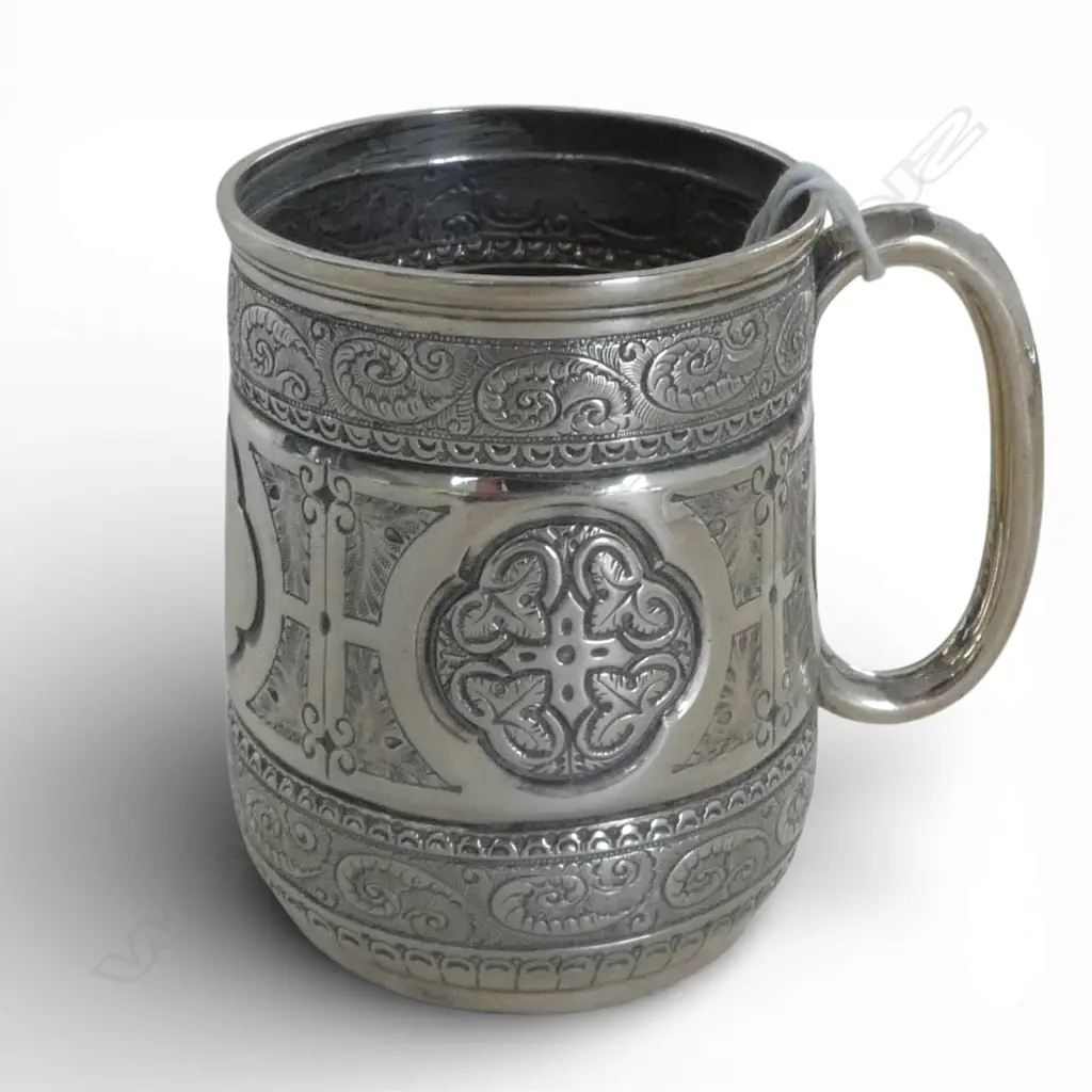 VICTORIAN SILVER CHRISTENING MUG decoratively embossed unfurling leaves etc. Sheffield 1876.126gms Image 1++