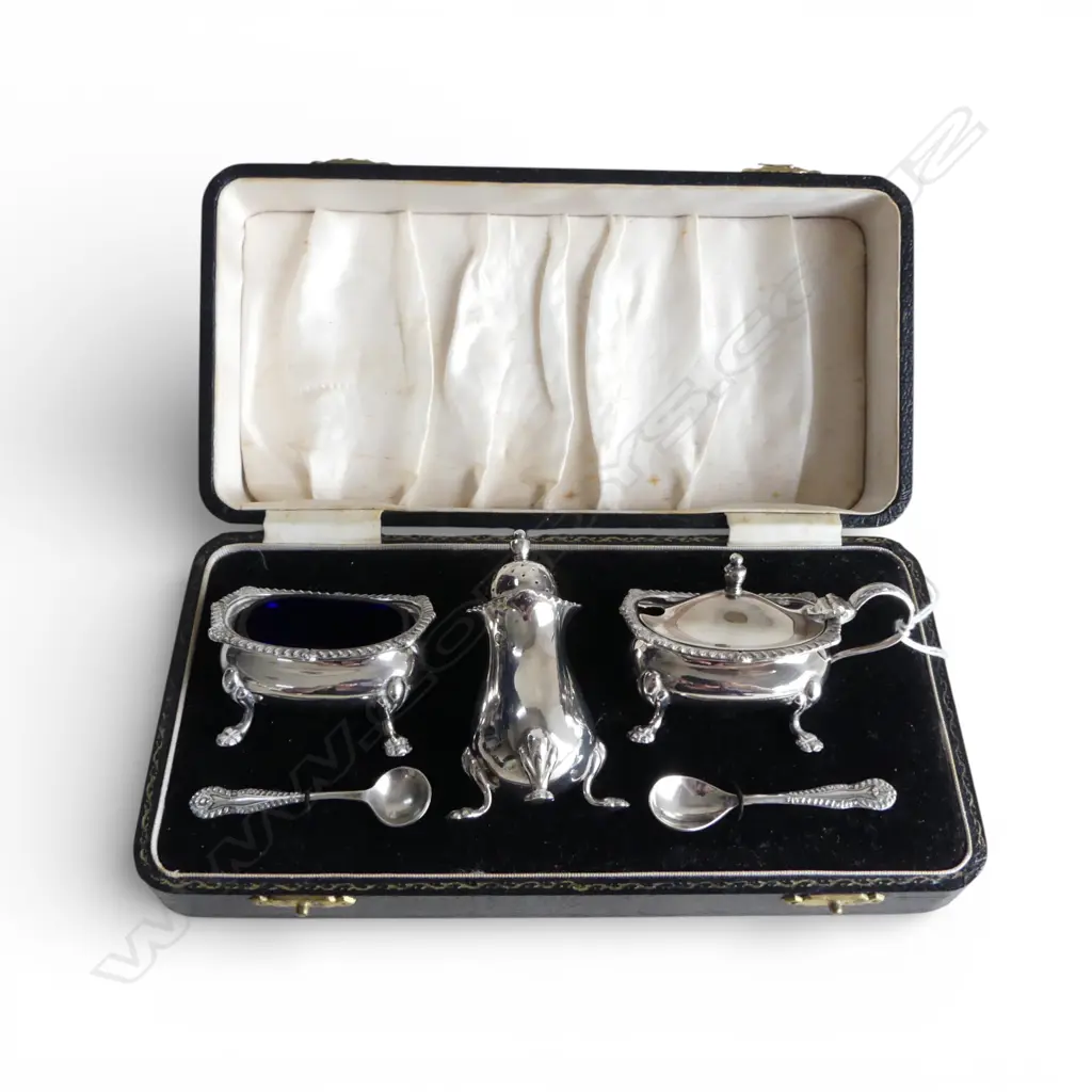 STG SILVER CONDIMENT SET, B'HAM 1961 161gms, BOXED Image 1++