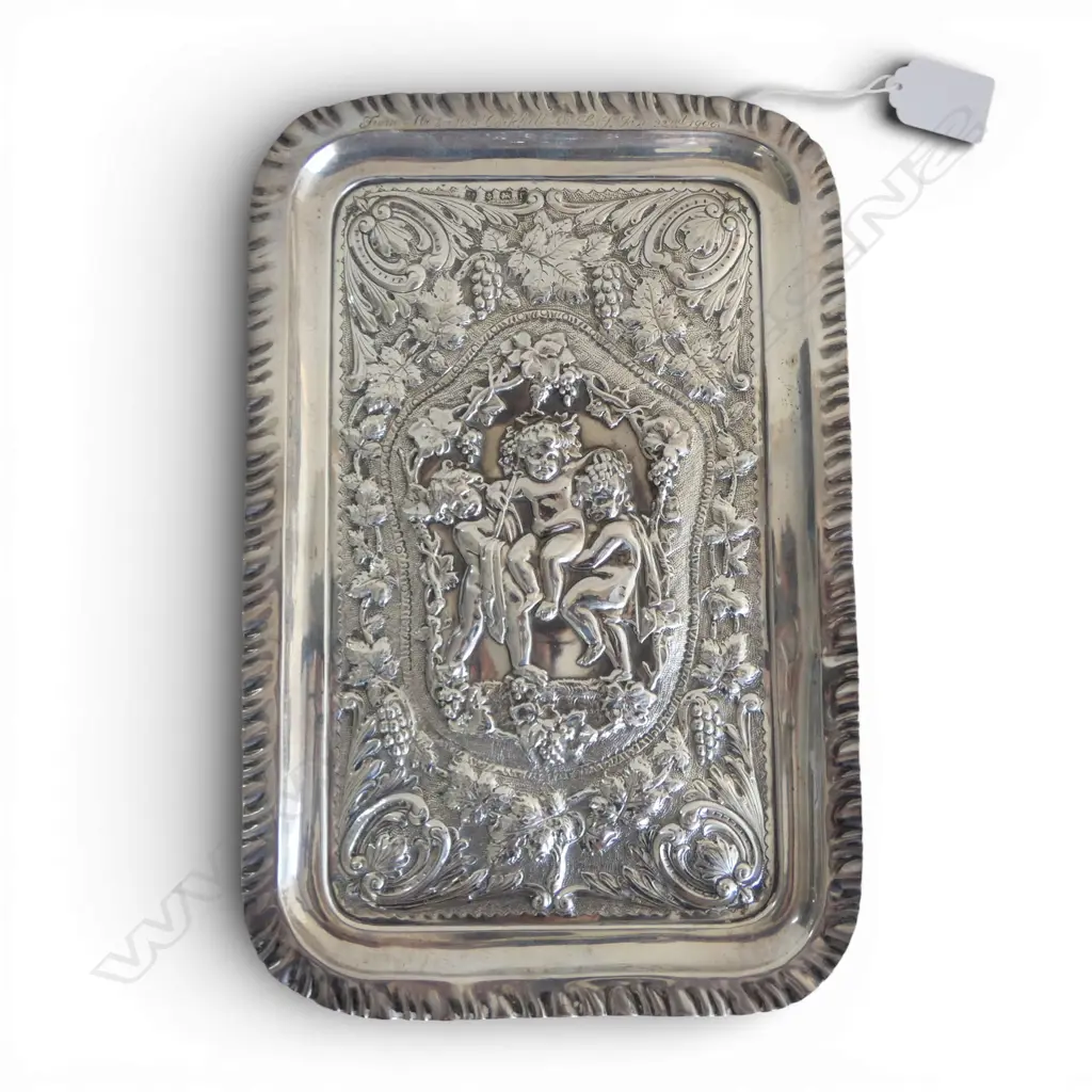 STG SILVER EMBOSSED PUTTI TRAY, WILLIAMS LTD, BIRMINGHAM 1905, 286gms Image 1++