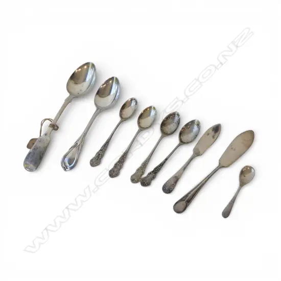 9 SILVER small cutlery ITEMS spoons + butter knives etc 98gms