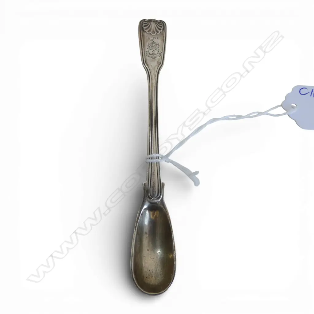 VICTORIAN SILVER MUSTARD SPOON dble struck fiddle thread & shell London 1873 28gms Image 1++