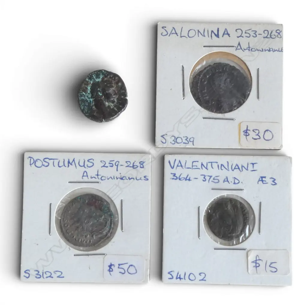4 ROMAN COINS; SALONINA, VALENTINIAN I, POSTUMUS, OTHER Image 1++
