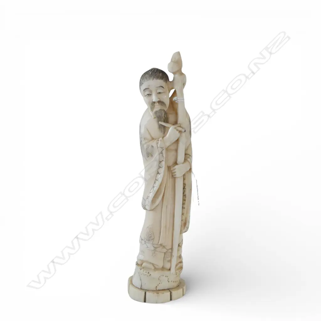 JAPANESE MARINE IVORY FIGURE; MAN w. WALKING STICK H.210mm SIGNED TO BASE Image 1++