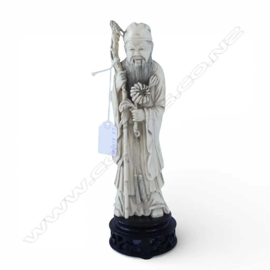 JAPANESE MARINE IVORY FIGURE; OLD MAN w. WALKING STICK & PEONY FLOWER H.240mm Image 1++