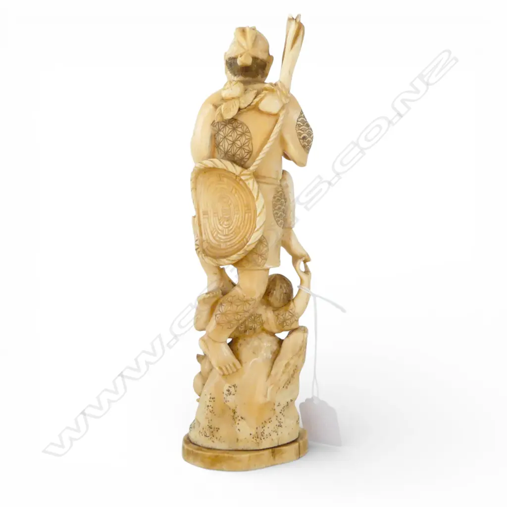 JAPANESE CARVED MARINE IVORY FIGURE; MAN & CHILD H.250mm SIGNED TO BASE Image 1++