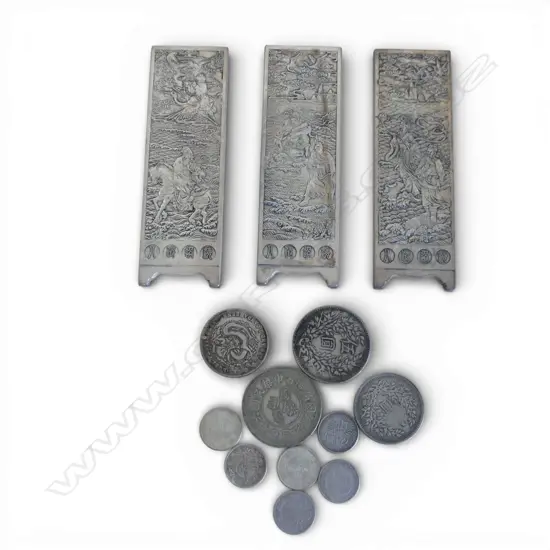 3 CHINESE WHITE METAL (PROBABLY ZINC) PANELS 150x50mm + ASST. REPRODUCTION COINS