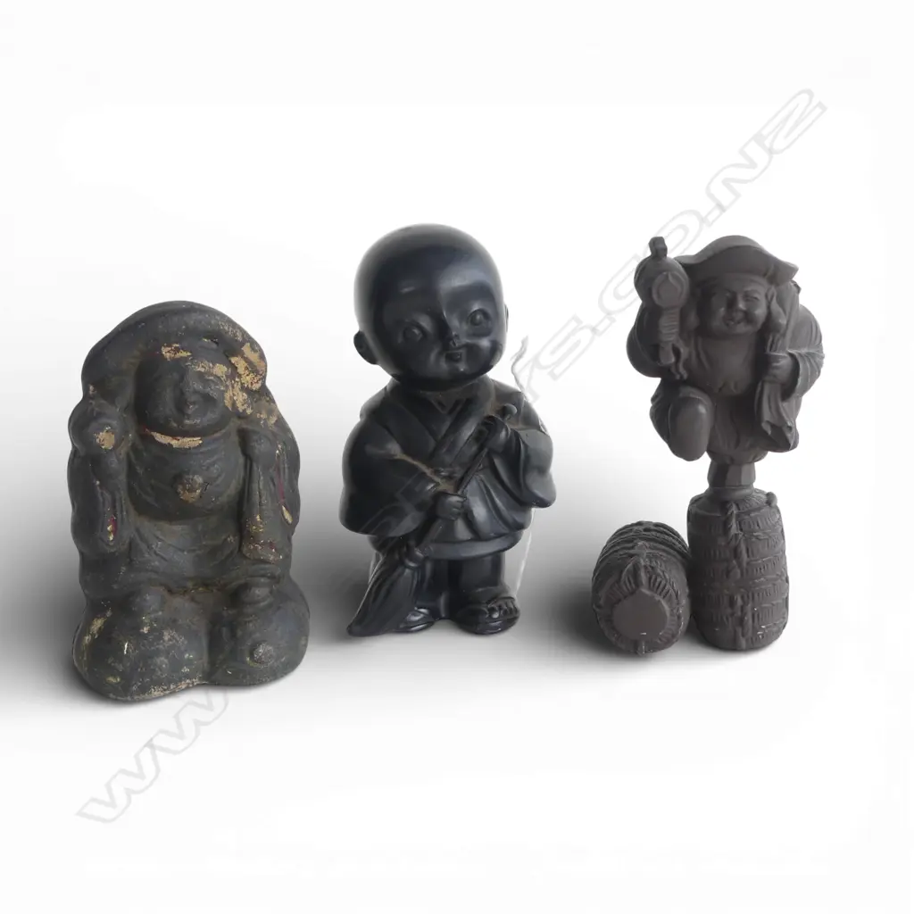3 VINTAGE JAPANESE FIGURINES; YOUNG MONK, GOD of WEALTH & TERRACOTTA DAIKOKU damaged to rear, H.120mm tallest Image 1++