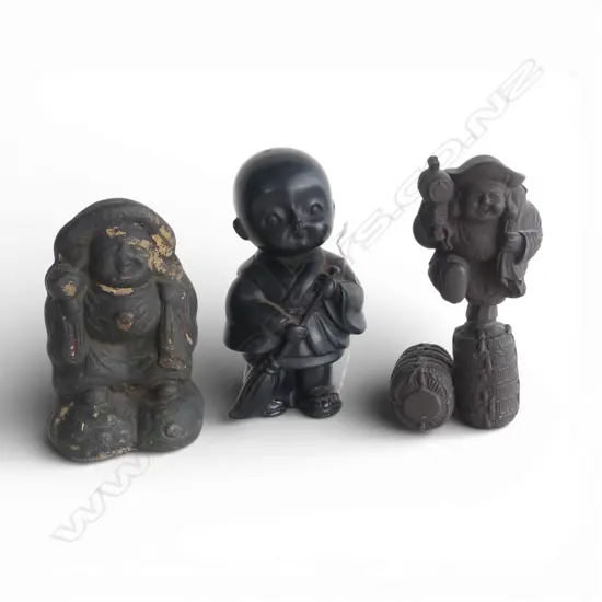 3 VINTAGE JAPANESE FIGURINES; YOUNG MONK, GOD of WEALTH & TERRACOTTA DAIKOKU damaged to rear, H.120mm tallest