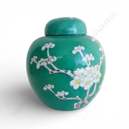 CHINESE GREEN GLAZED BLOSSEM PAINTED LIDDED GINGER JAR H150MM