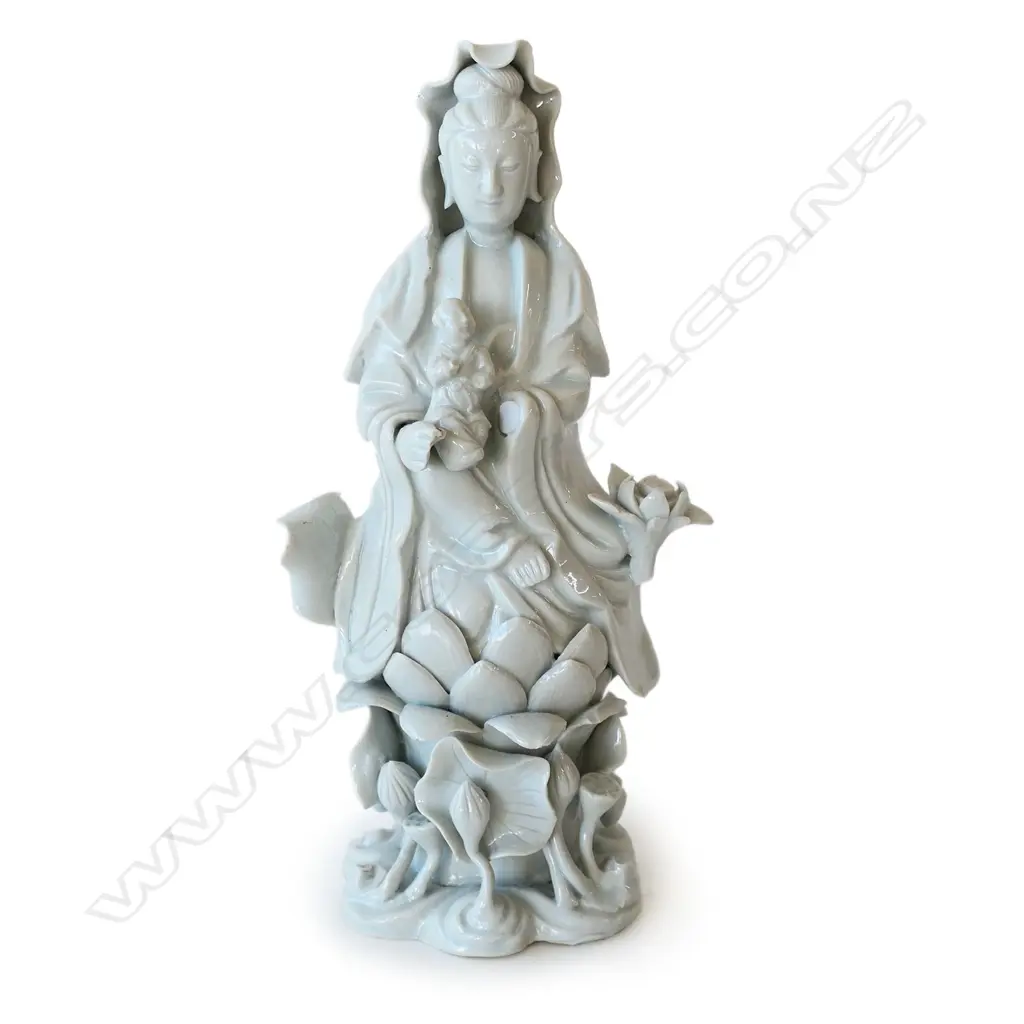 OLD BLANC DE CHINE KUANYIN, ON LOTUS THRONE, SOME LOSSES, H.240mm  Image 1++