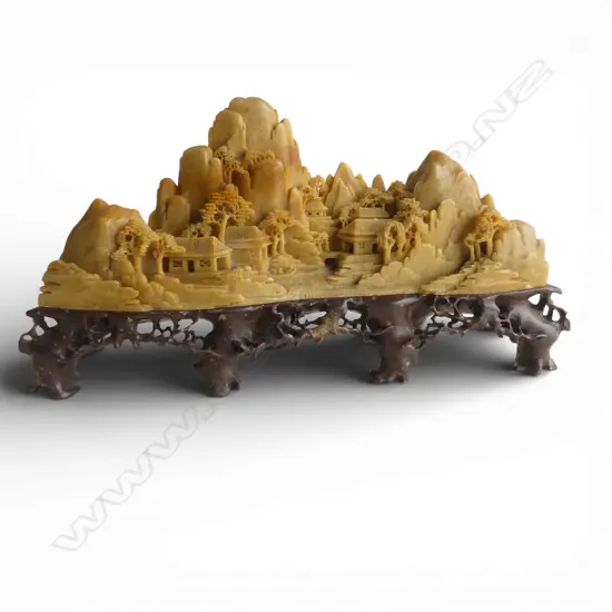 CHINESE SOAPSTONE CARVING; MOUNTAIN LANDSCAPE W.230mm