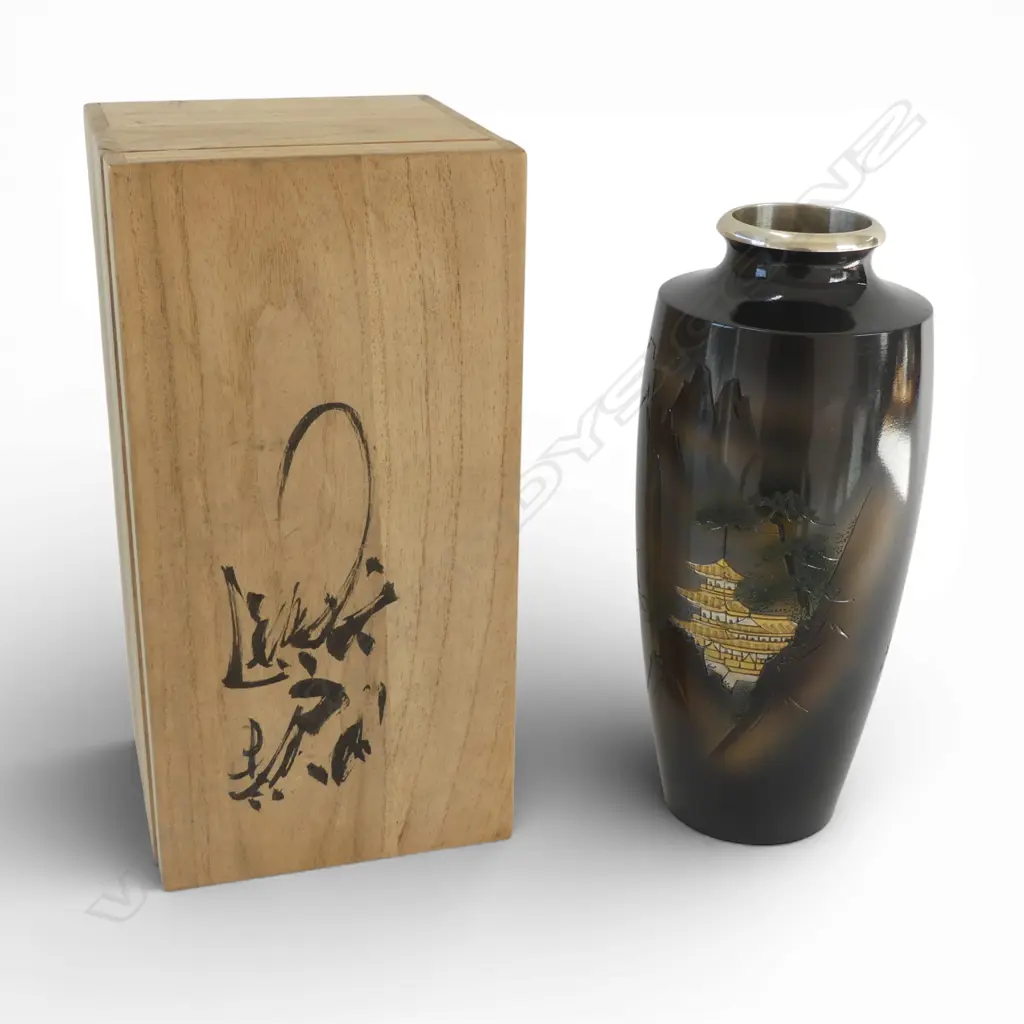 JAPANESE 'EXPO '70' MIXED METAL VASE bronze or brass body. H.210mm. In original wood box  Image 1++