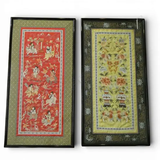 2 ORIENTAL FRAMED EMBROIDERIES 665x330mm