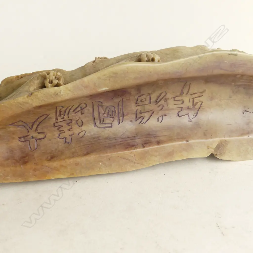 CHINESE SOAPSTONE CARVING; 8 FIGURES ON A BOAT, MINOR LOSSES W.260mm Image 1++