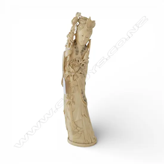 JAPANESE IVORY FIGURE; WOMAN HOLDING FLOWERS H.300mm SIGNED TO BASE