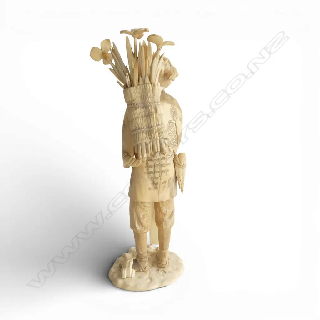 JAPANESE IVORY FIGURE; OLD MAN CARRYING IRIS FLOWERS H.270mm, SIGNED TO BASE. FAULTS Image 1++