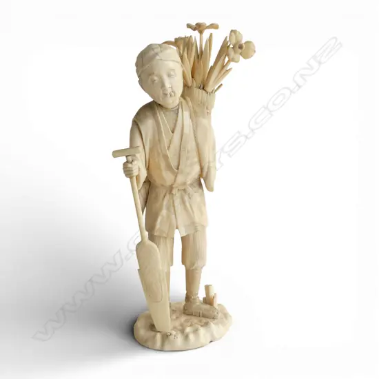 JAPANESE IVORY FIGURE; OLD MAN CARRYING IRIS FLOWERS H.270mm, SIGNED TO BASE. FAULTS