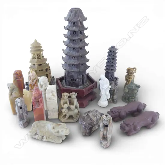 ASSORTED ORIENTAL CARVINGS INCLUDING 3 ALABASTER PAGODAS