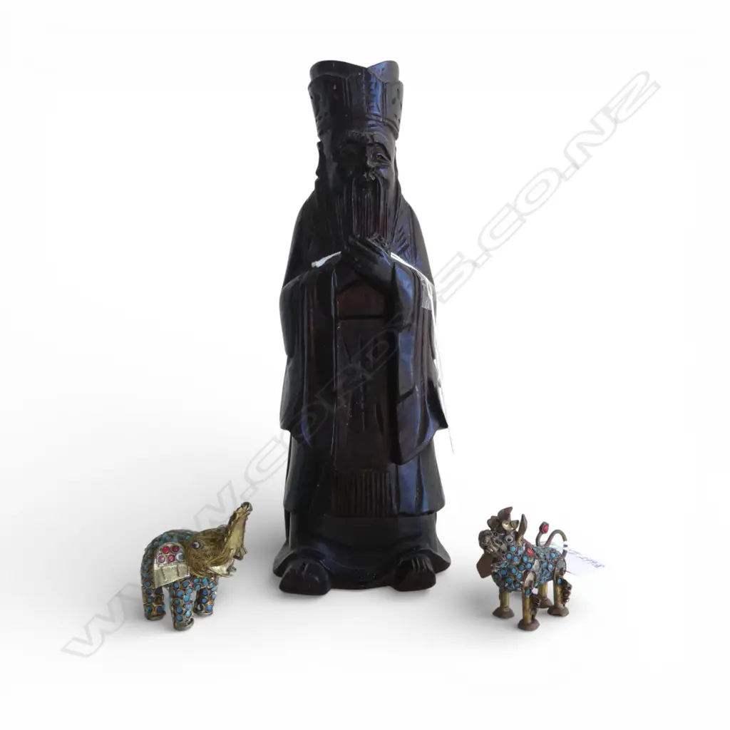 CHINESE CARVED WOOD DEITY FIGURE H.260mm + 2 SMALL BRASS JEWELLED ANIMALS Image 1++