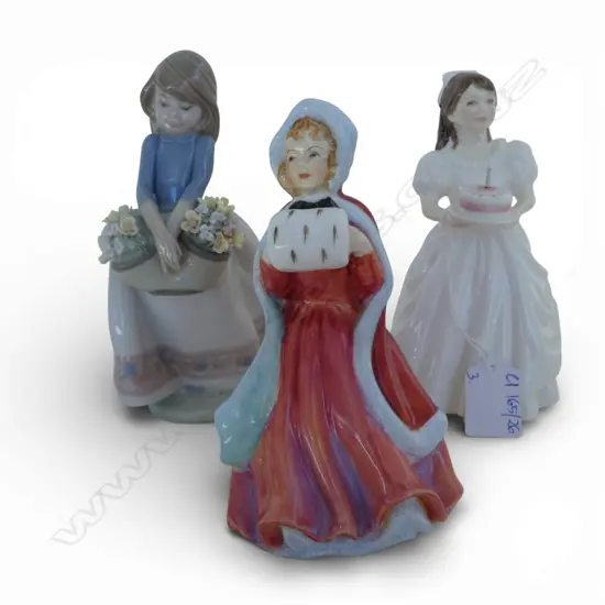 3 FIGURINES; LLADRO #5467 (FLOWERS CHIPPED), ROYAL DOULTON 'BIRTHDAY GIRL', PARAGON 'MISS SUSAN' H.165mm