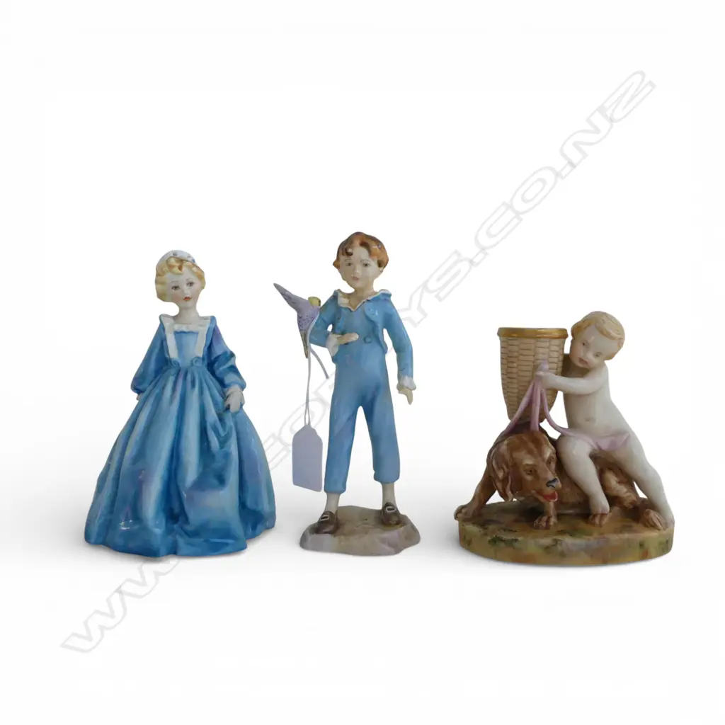 3 ROYAL WORCESTER FIGURINES; GRANDMOTHERS DRESS, CHILD w. DOG, PARAKEET H.165mm Image 1++