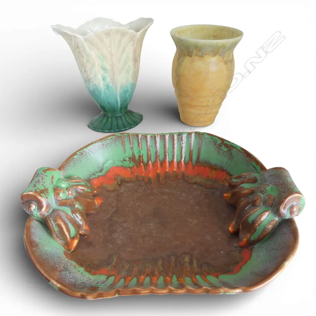 3 BESWICK DECO CERAMICS; 2 VASES H.230mm, BOWL W.350mm Image 1++