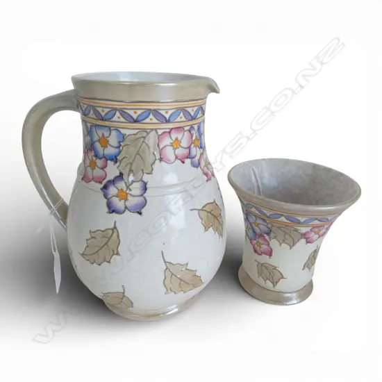 2 PCS DECO BURSLEY WARE BY CHARLOTTE RHEAD, JUG H.190mm, VASE H.150mm