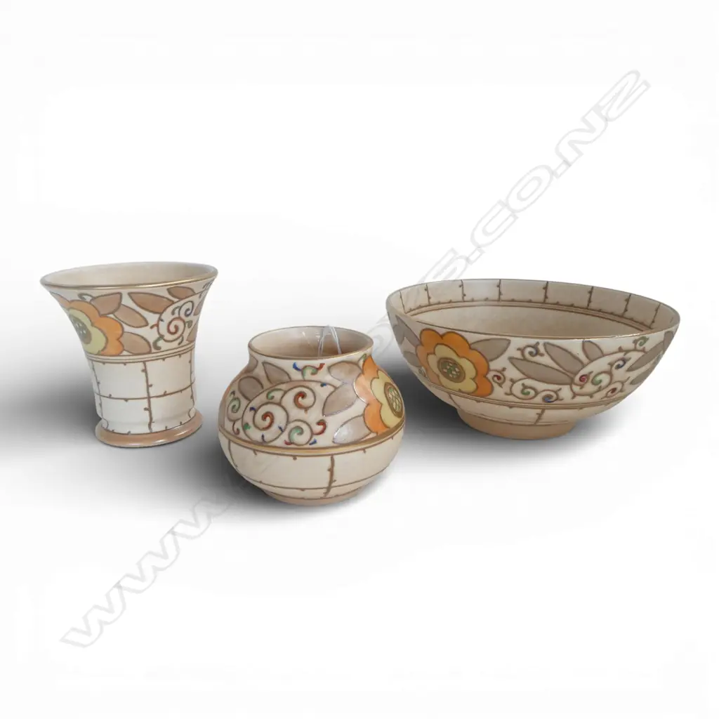 3 PCS DECO BURSLEY WARE BY CHARLOTTE RHEAD, BOWL Dia.190 x 85mm Image 1++