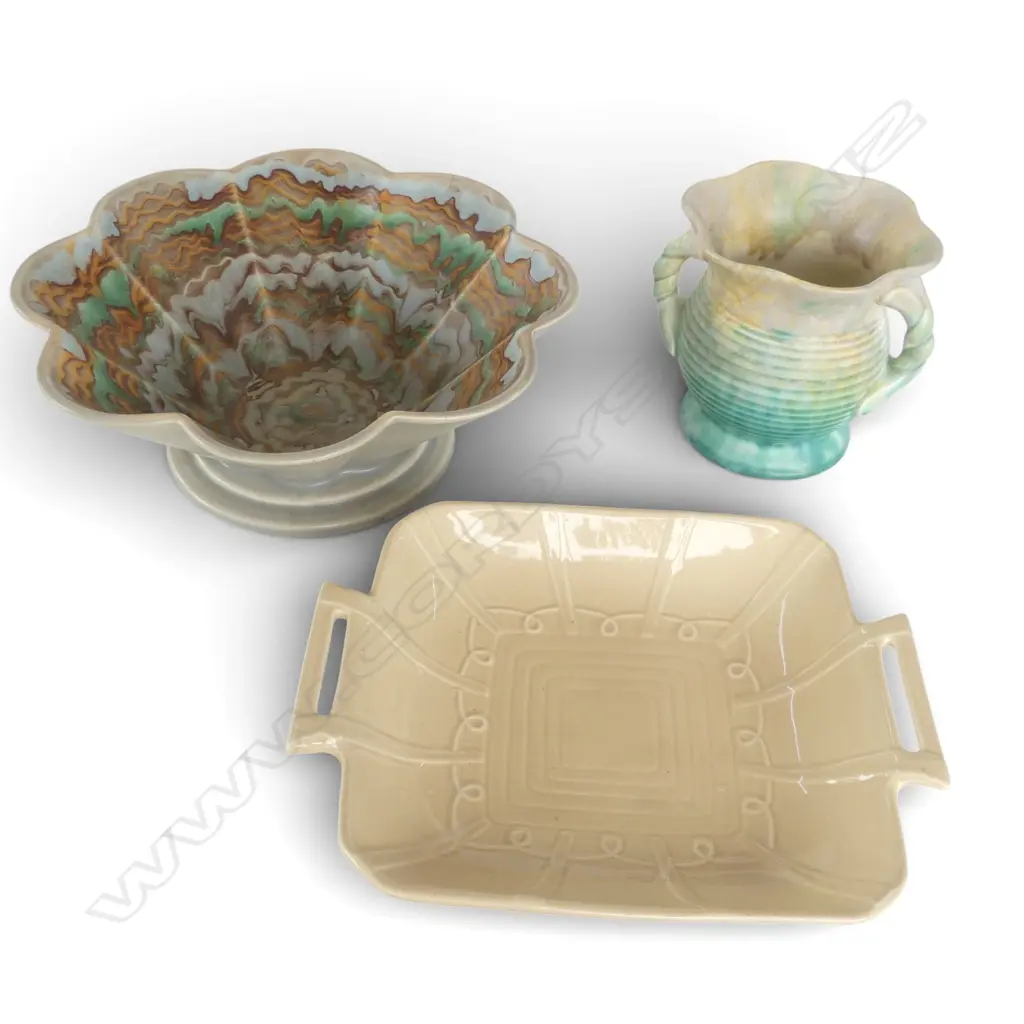 3 ENGLISH DECO CERAMICS; VASE, DISH & BOWL (HAIRLINE 280mm dia) Image 1++