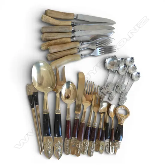 ASSORTED THAI CUTLERY  & SET OF HORN HANDLED STEAK KNIVES & FORKS (in 2 bags)