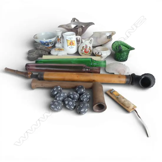 BOX INTERESTING OLD COLLECTABLES: binoculars + pipe + shell jewellery tribal etc
