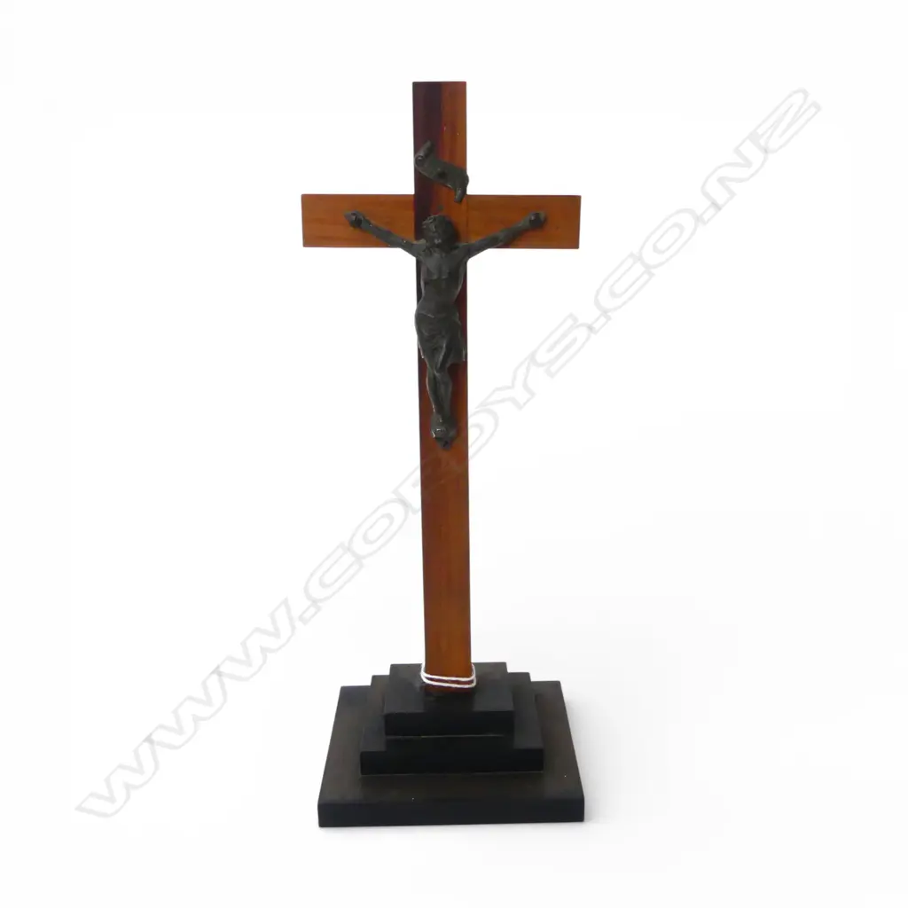 Crucifix on stand H.230mm wood cross & Bakelite stepped base Image 1++