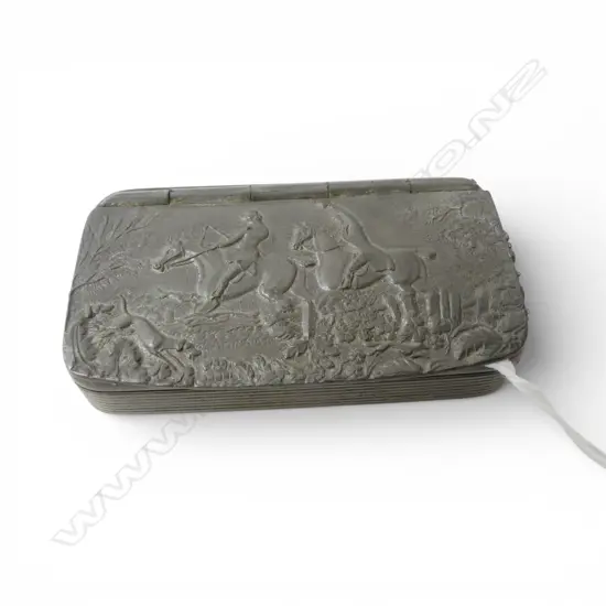 London 'Cornish Pewter'  snuff box hunting scene to lid