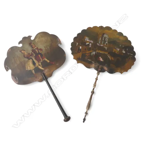 Two of Victorian painted personal papier mache fans with turned handle 1 with MOP castle inlay some faults