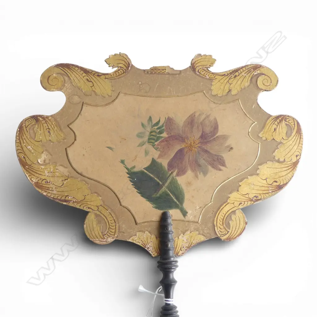 Pair of Victorian botanical hand painted & gilded card personal fans with turned dark wood handles. L.350mm. Image 1++