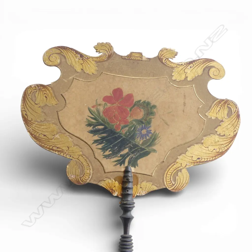 Pair of Victorian botanical hand painted & gilded card personal fans with turned dark wood handles. L.350mm. Image 1++