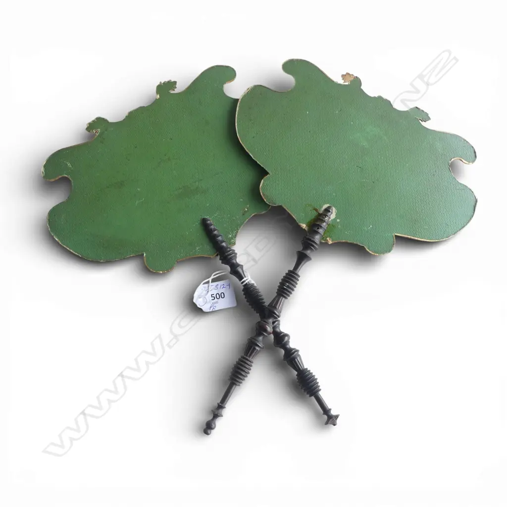 Pair of Victorian botanical hand painted & gilded card personal fans with turned dark wood handles. L.350mm. Image 1++