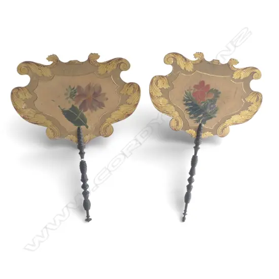 Pair of Victorian botanical hand painted & gilded card personal fans with turned dark wood handles. L.350mm.