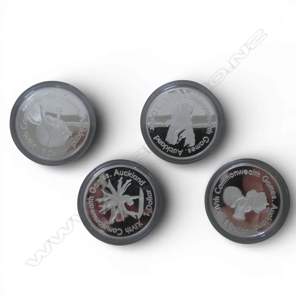 1990 XIVth COMMONWEALTH GAMES AUCKLAND .925 SILVER PROOF 4 COIN SET TW 108.88gms Image 1++