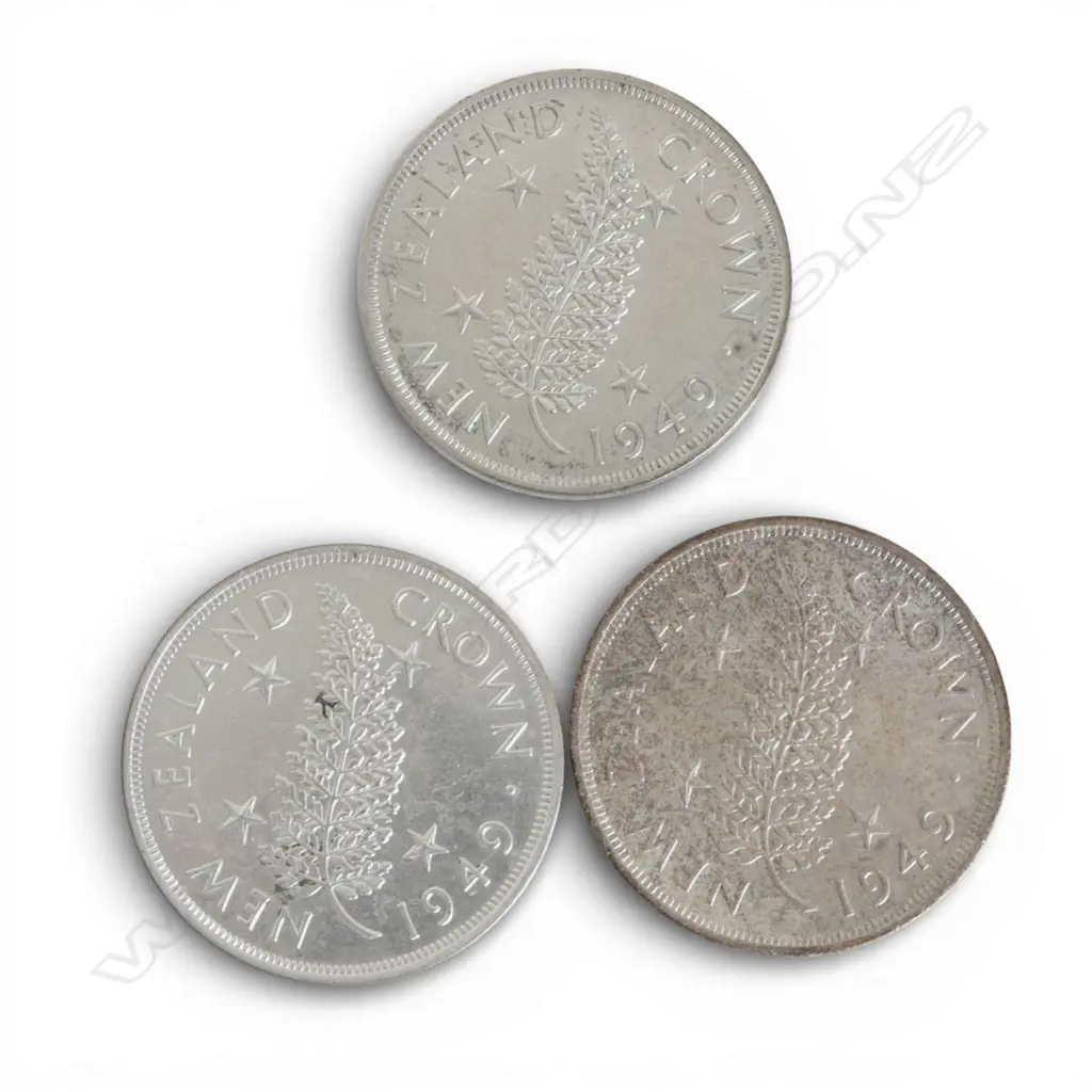 3 1949 NEW ZEALAND COMEMORATIVE ROYAL VISIT CROWN .500 SILVER COINS 84.66gms Image 1++