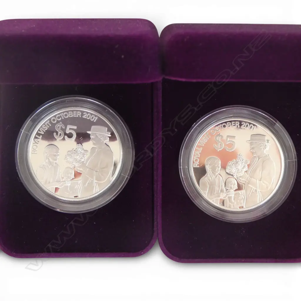 2 N.Z. 2001 ROYAL VISIT $5 .999 SILVER PROOF COINS 56.56gms Image 1++