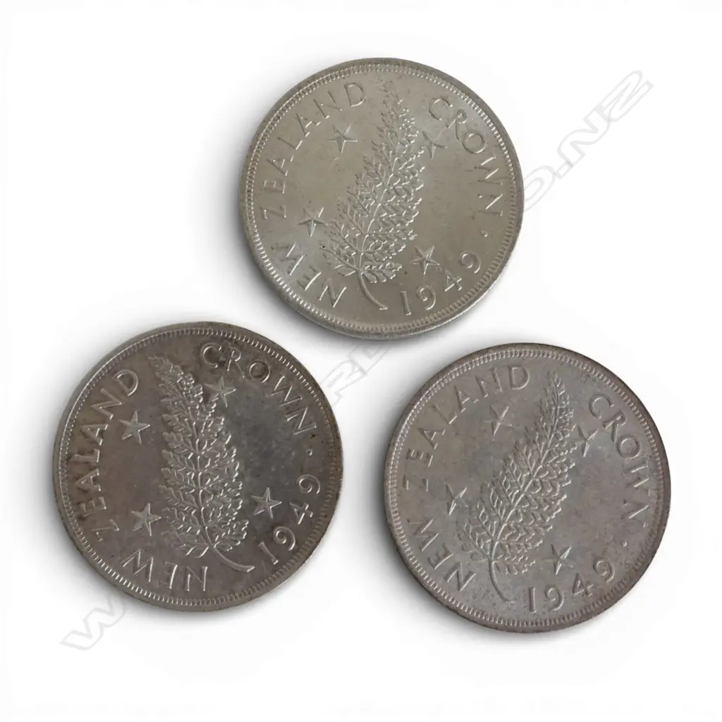 3 1949 NEW ZEALAND COMEMORATIVE ROYAL VISIT CROWN .500 SILVER COINS 84.80gms Image 1++