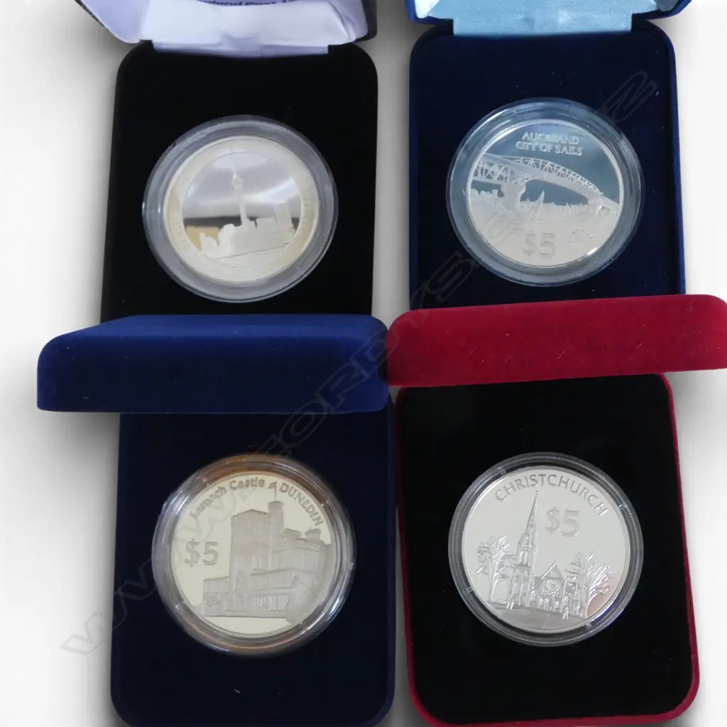 4 N.Z. STG SILVER PROOF COINS; CHRISTCHURCH, SKY TOWER, AUCKLAND & DUNEDIN 144gm TW Image 1++