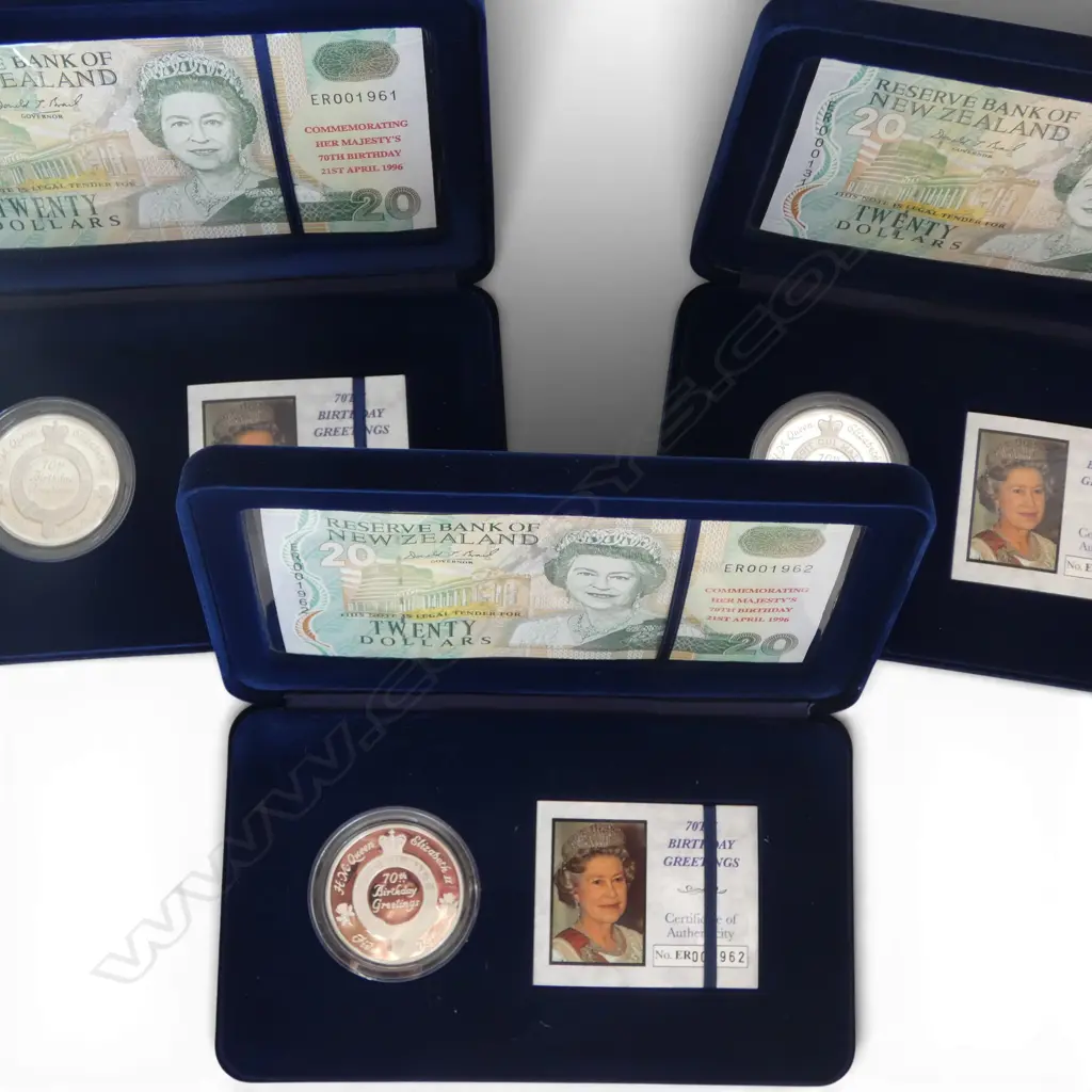 3 CASED SETS 1996 QUEENS 70th BIRTHDAY .925 SILVER COIN & $20 NOTE SETS same sequence numbers TOTAL SILVER 84.84gms Image 1++