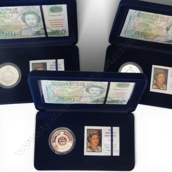 3 CASED SETS 1996 QUEENS 70th BIRTHDAY .925 SILVER COIN & $20 NOTE SETS same sequence numbers TOTAL SILVER 84.84gms