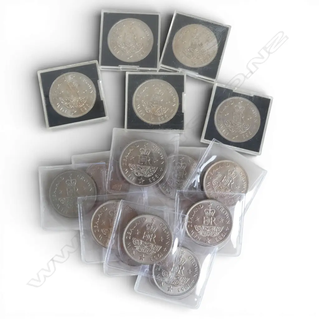 15 1953 NEW ZEALAND COMEMORATIVE ROYAL VISIT CROWN COINS Image 1++