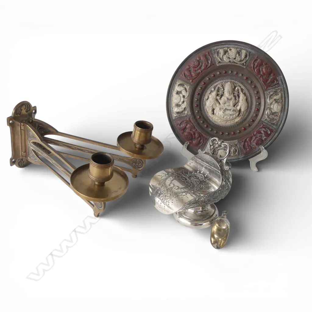 BRASS PIANO SCONCE HINDU WALL PLAQUE & COAL SCUTTLE SUGAR BOWL  Image 1++