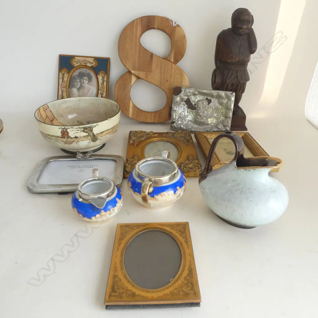 BOX OF: small photo frames + tiki plaque a.f + Doulton bowl + jugs + wooden '8' + carved wood figure Image 1++